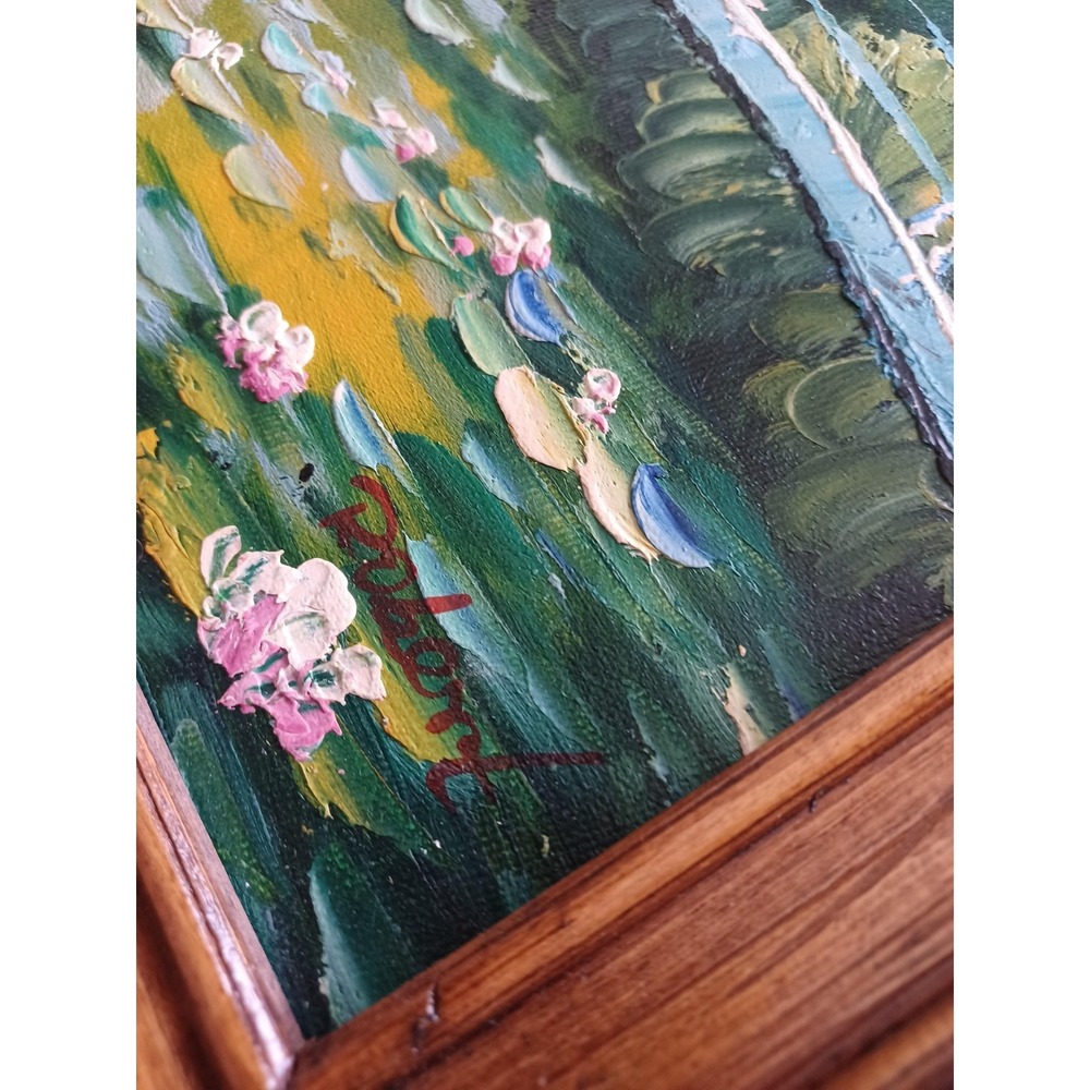 Dubert Water Lily Garden Bridge Green Oil Painting Signed Framed 8x10 Canvas - Picture 2 of 6